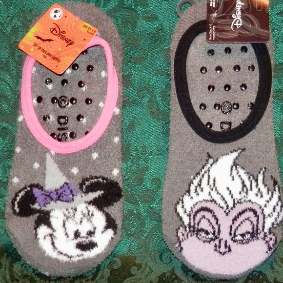 DISNEY URSULA AND MINNIE MOUSE SLIP ON LINER SOCKS WITH GRIPPERS * 2 PAIR SET * - Picture 1 of 4